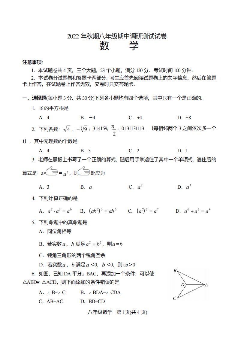 河南省南阳市卧龙区2024-2023学年八年级上学期期中数学