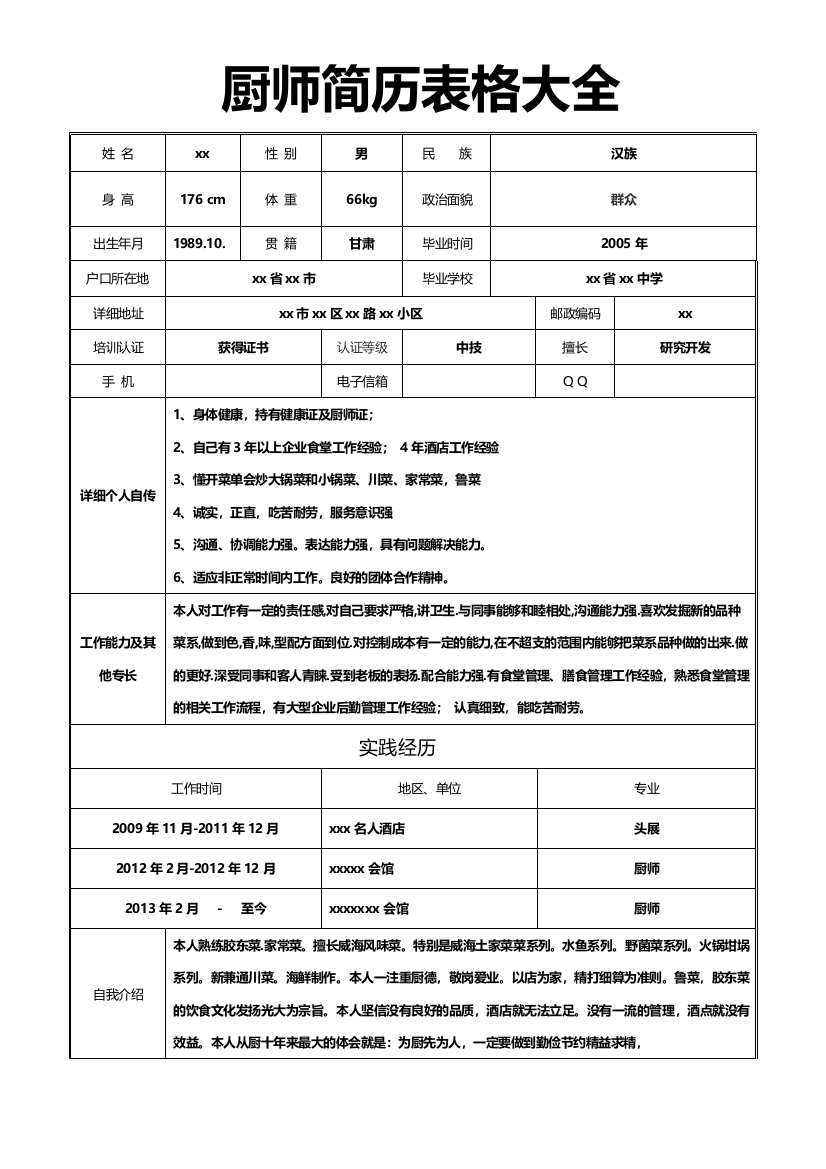 厨师简历表格大全