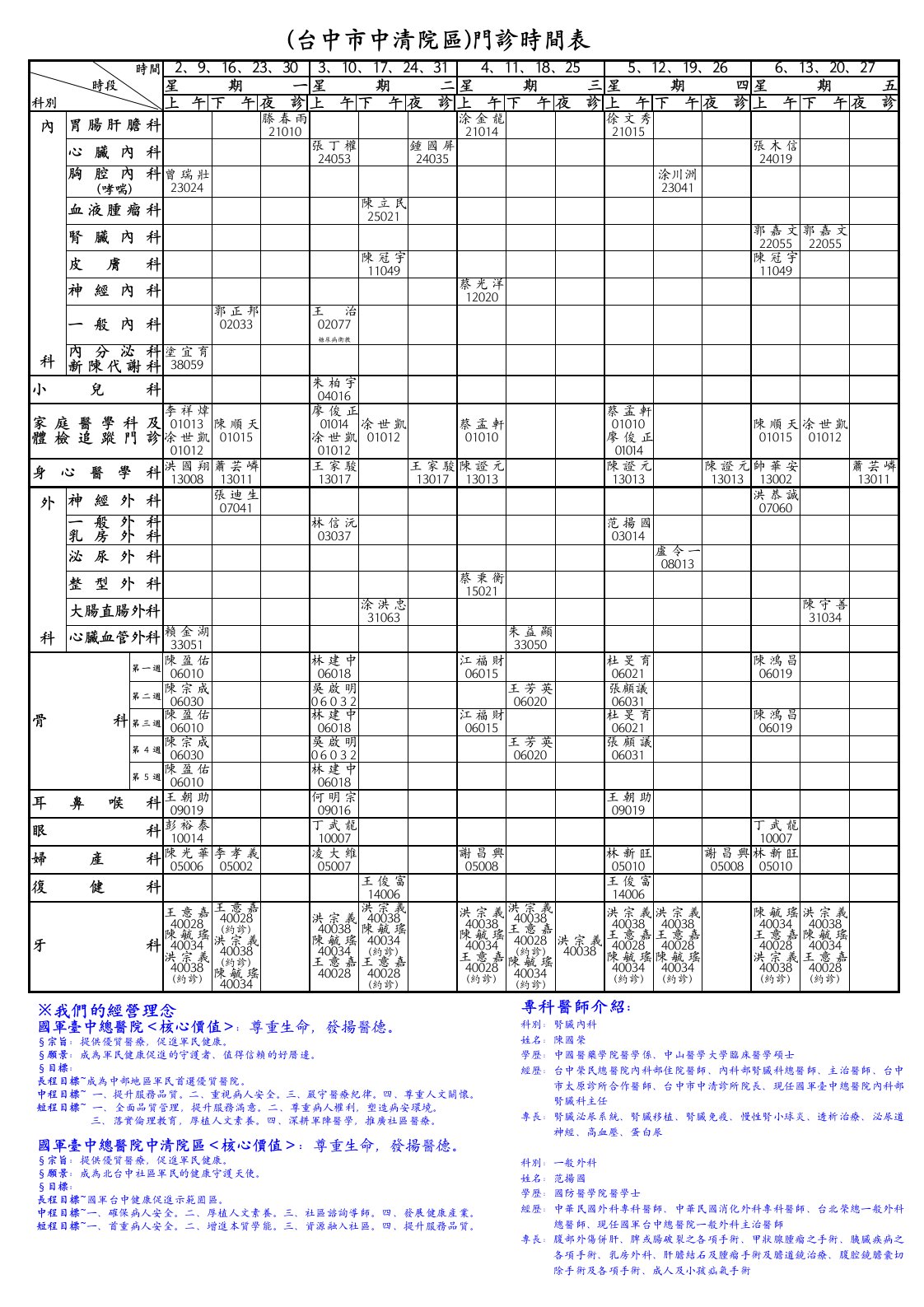 (台中市中清院区)门诊时间表