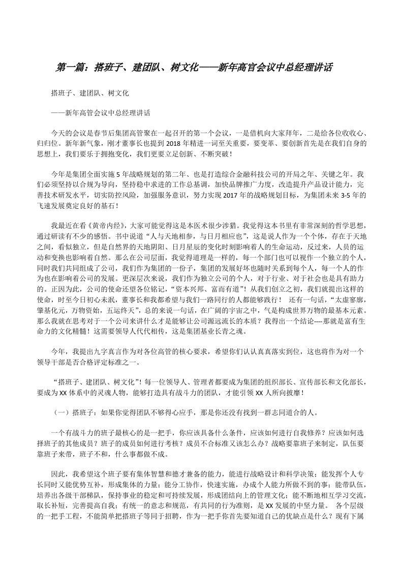 搭班子、建团队、树文化——新年高官会议中总经理讲话（5篇范文）[修改版]