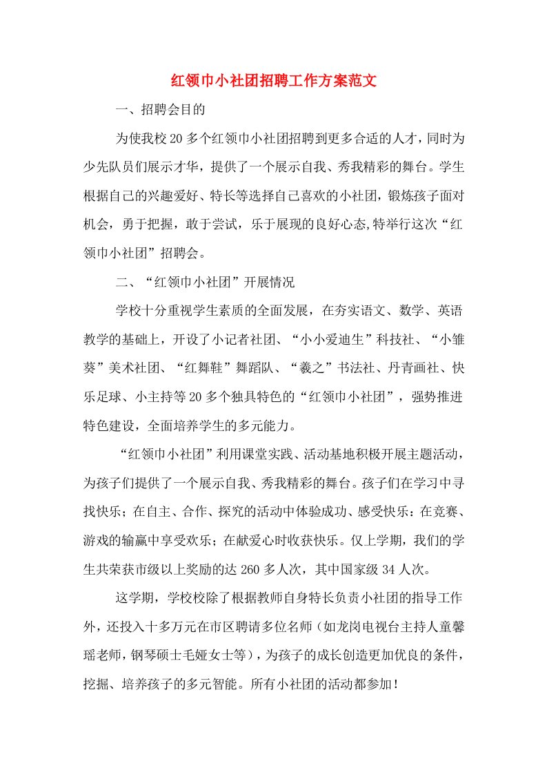 红领巾小社团招聘工作方案范文