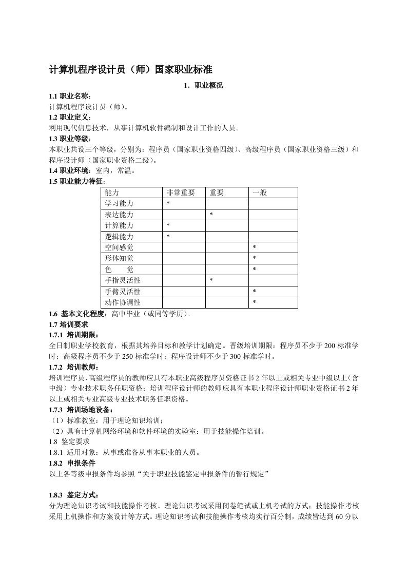 计算机程序设计员(师)国家职业标准