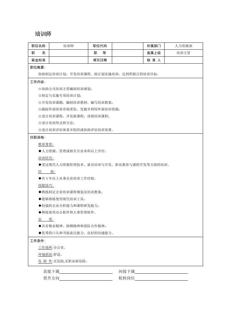 适用于中小企业培训师的岗位说明书