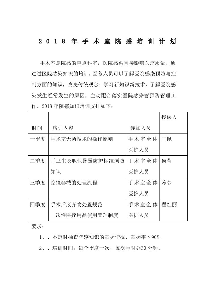 2015年手术室院感培训计划