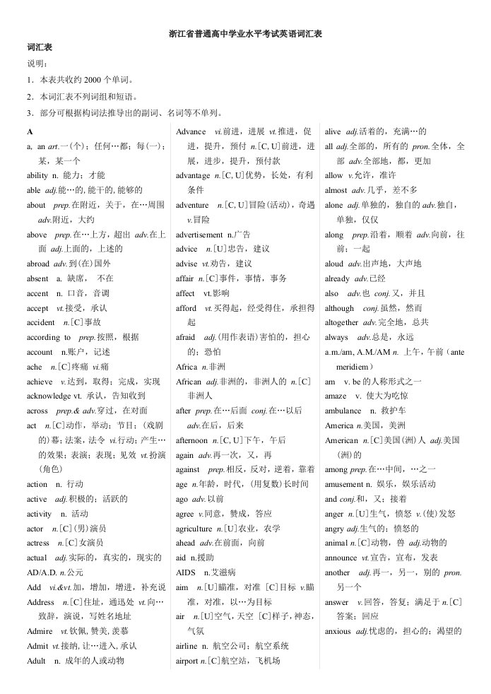 普通高中学业水平考试标准英语词汇表带音标中文