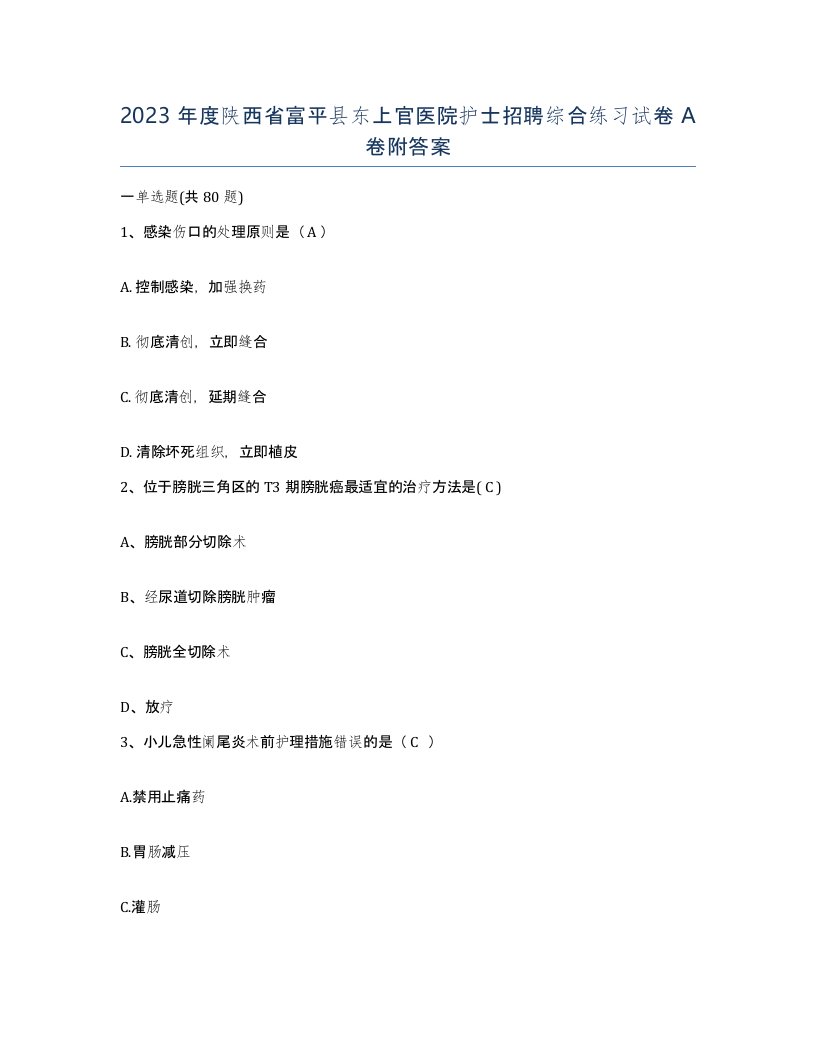 2023年度陕西省富平县东上官医院护士招聘综合练习试卷A卷附答案