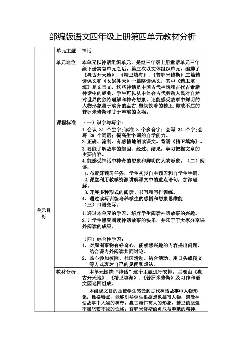 部编版语文四年级上册第四单元教材分析