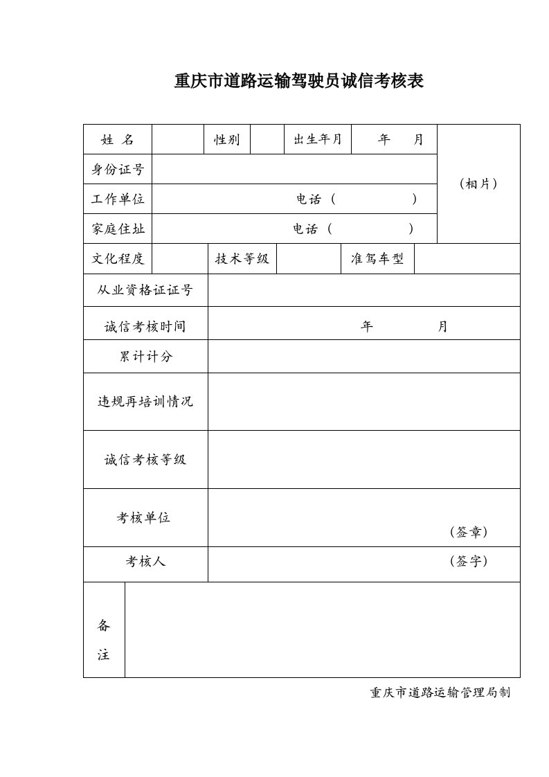 重庆市道路运输驾驶员诚信考核表