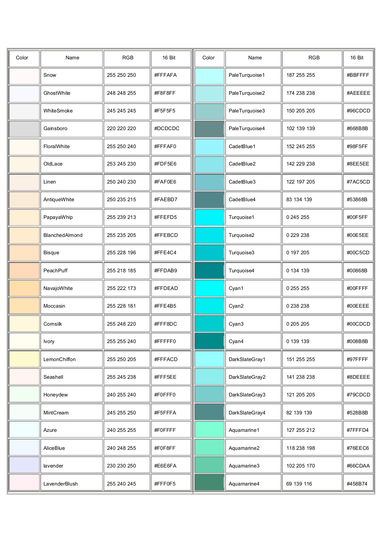 色卡-英文名称色卡,RGB,16色对照表