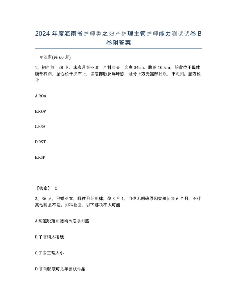 2024年度海南省护师类之妇产护理主管护师能力测试试卷B卷附答案