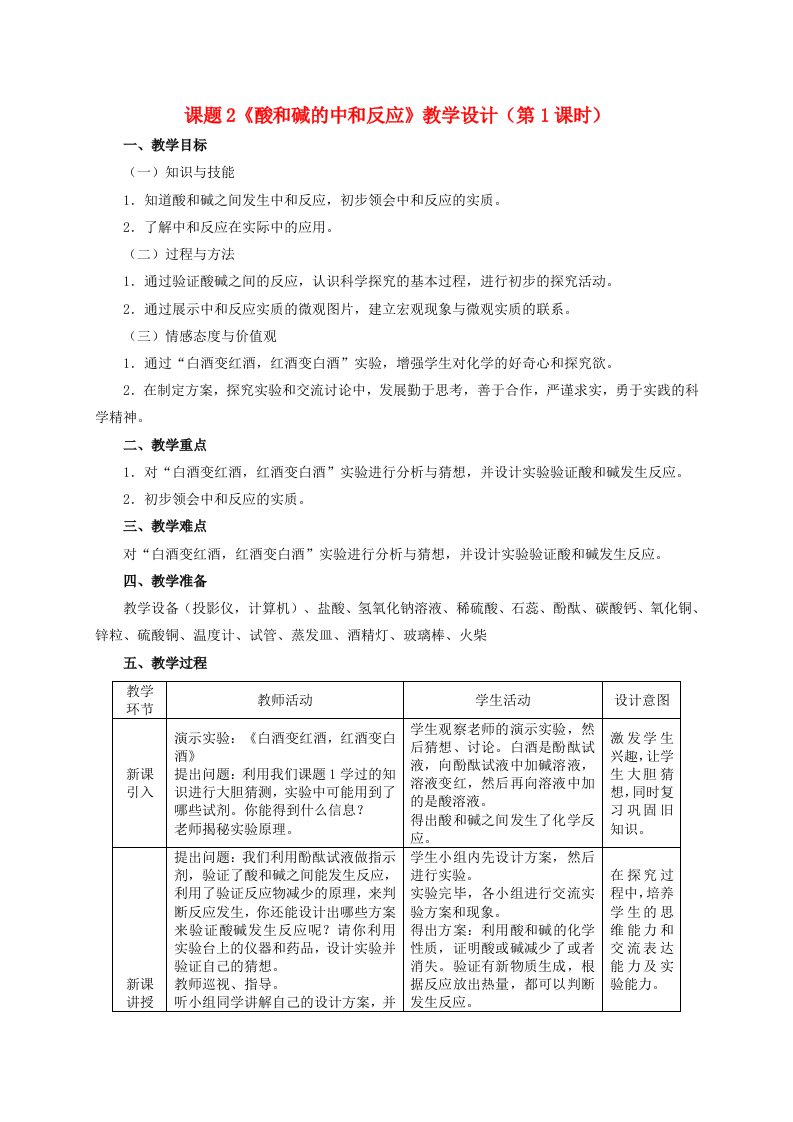 2024九年级化学下册第十单元酸和碱课题2酸和碱的中和反应第1课时酸和碱的中和反应教学设计新版新人教版