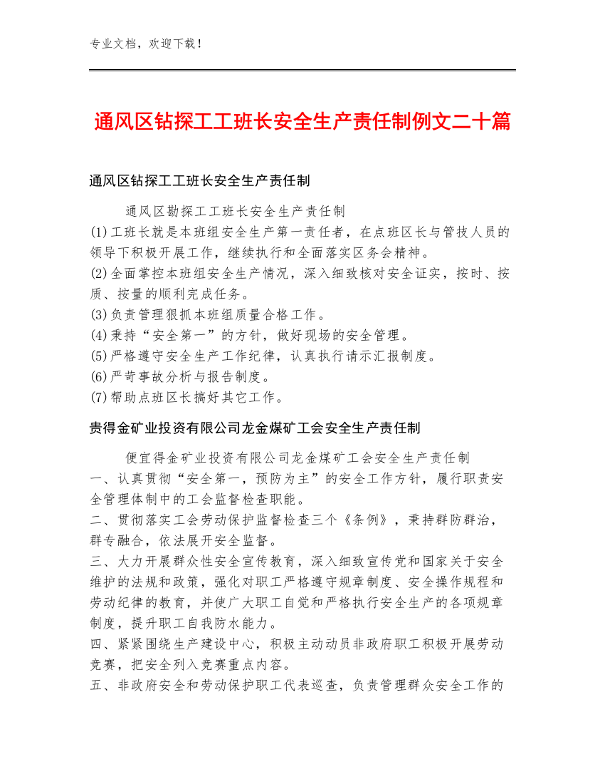 通风区钻探工工班长安全生产责任制例文二十篇