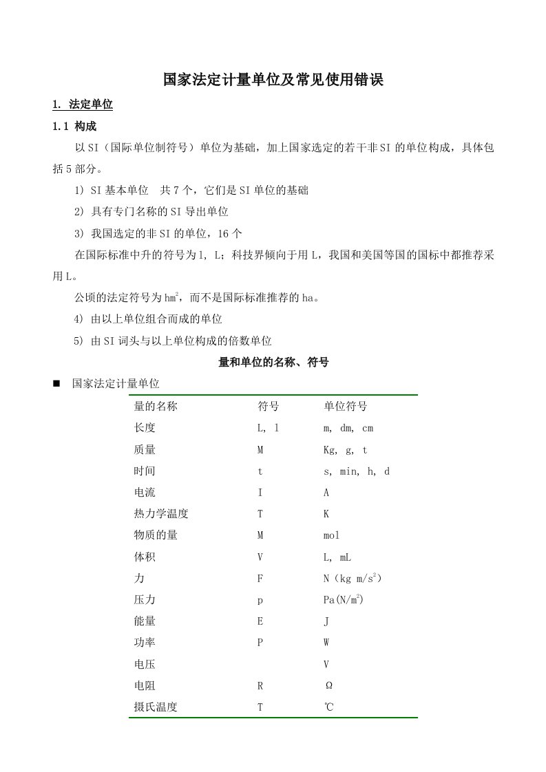 国家法定计量单位和常见使用错误