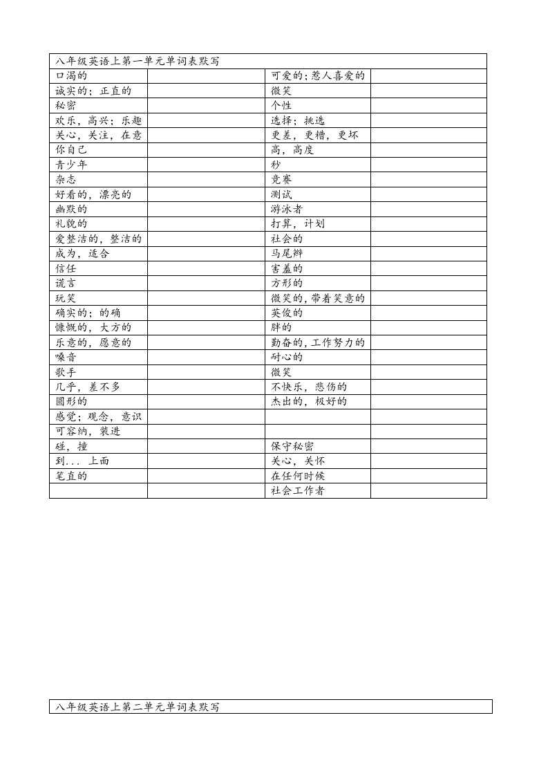 苏教版八年级英语上单词默写表