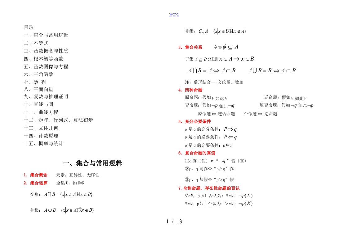 上海教材高中数学知识点总结材料(全面)