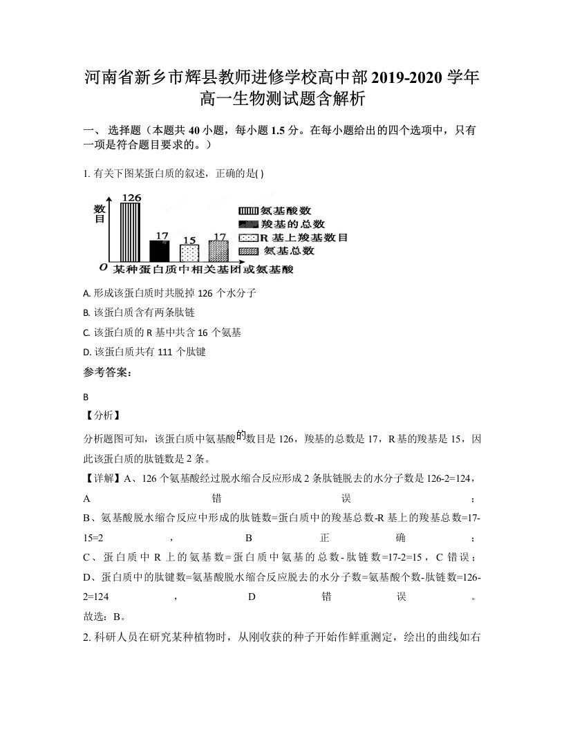 河南省新乡市辉县教师进修学校高中部2019-2020学年高一生物测试题含解析