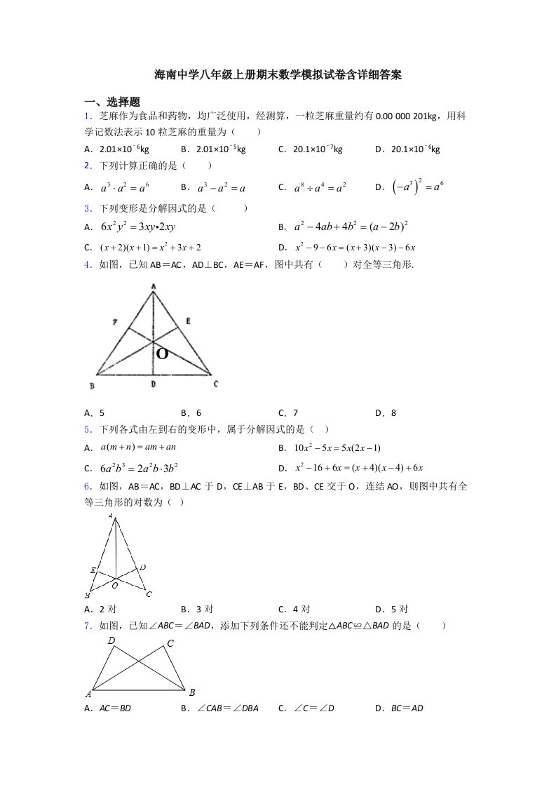 海南中学八年级上册期末数学模拟试卷含详细答案