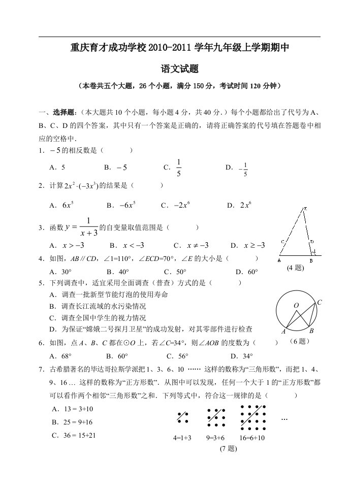 重庆育才成功学校20102011学年九年级上学期期中语文试题（人教新课标版）