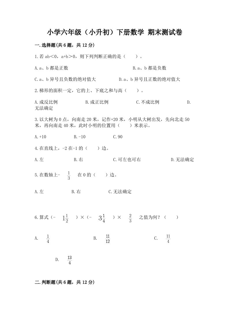 小学六年级（小升初）下册数学