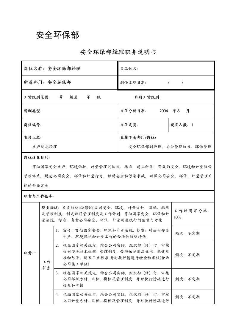 某公司安全环保部经理职务说明书