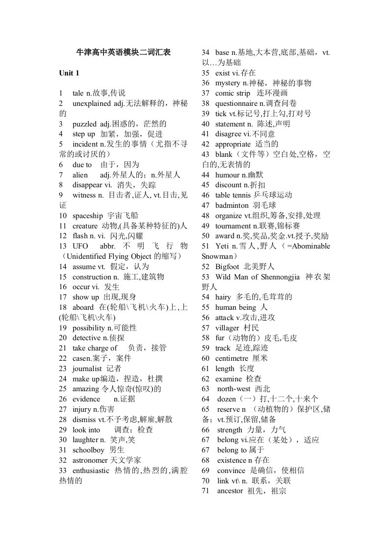 牛津高中英语模块二词汇表(2011年版)修改