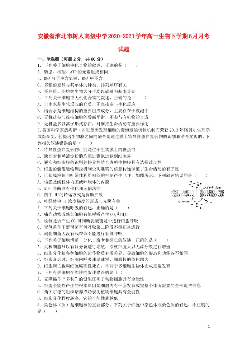 安徽省淮北市树人高级中学2020_2021学年高一生物下学期6月月考试题