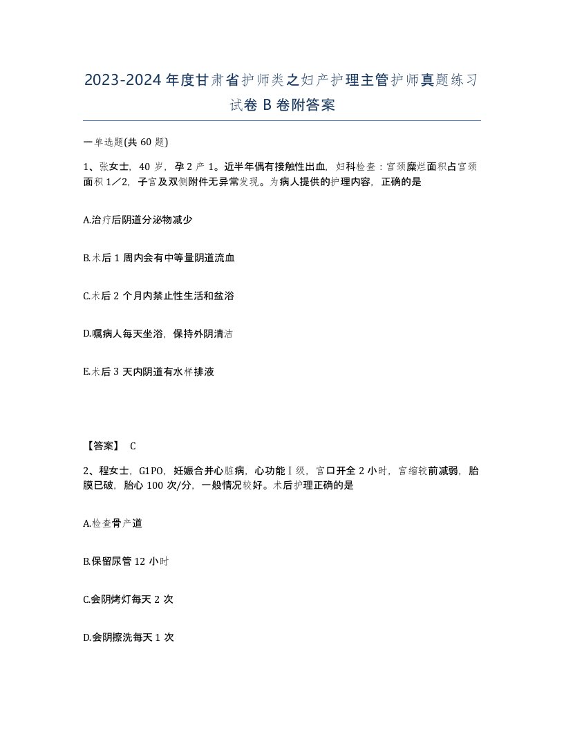 2023-2024年度甘肃省护师类之妇产护理主管护师真题练习试卷B卷附答案