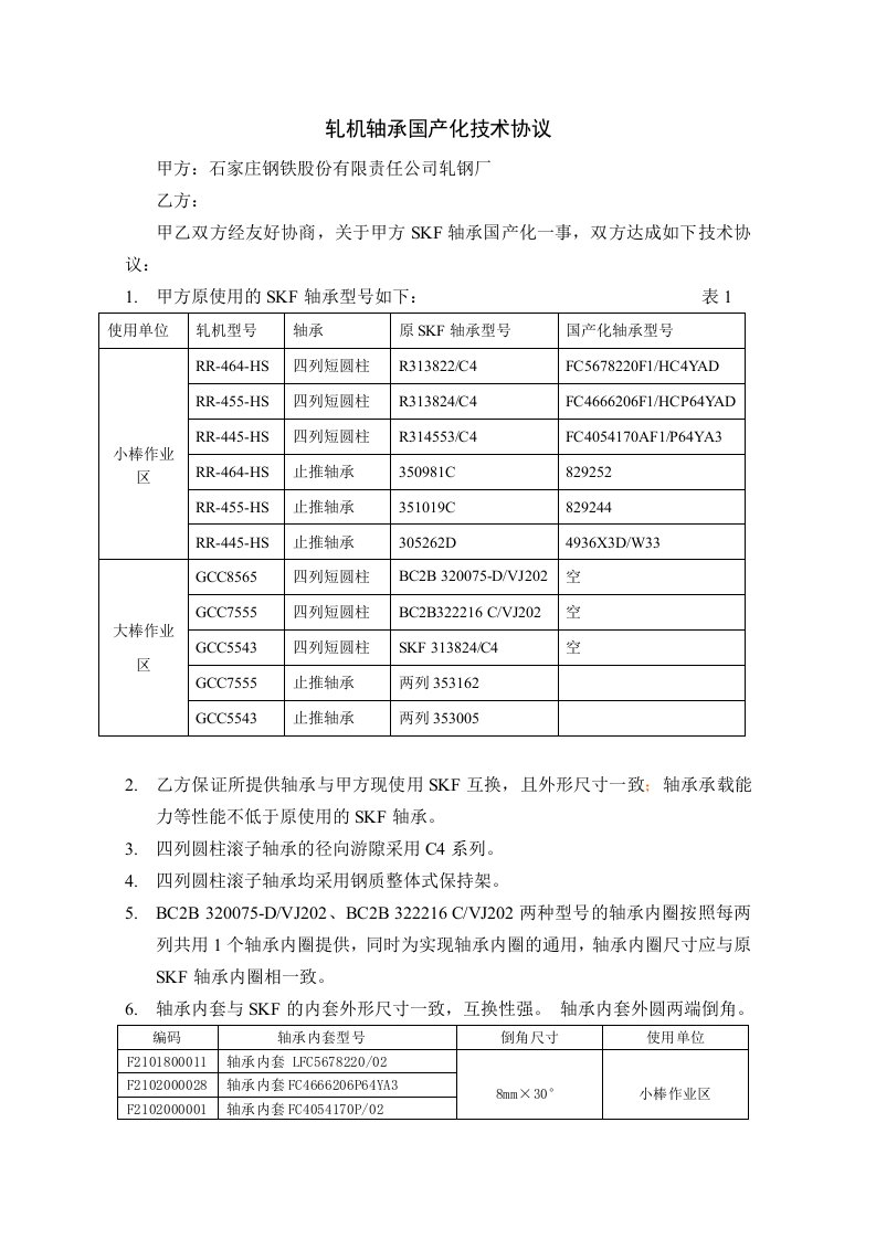 轧机轴承国产化技术协议