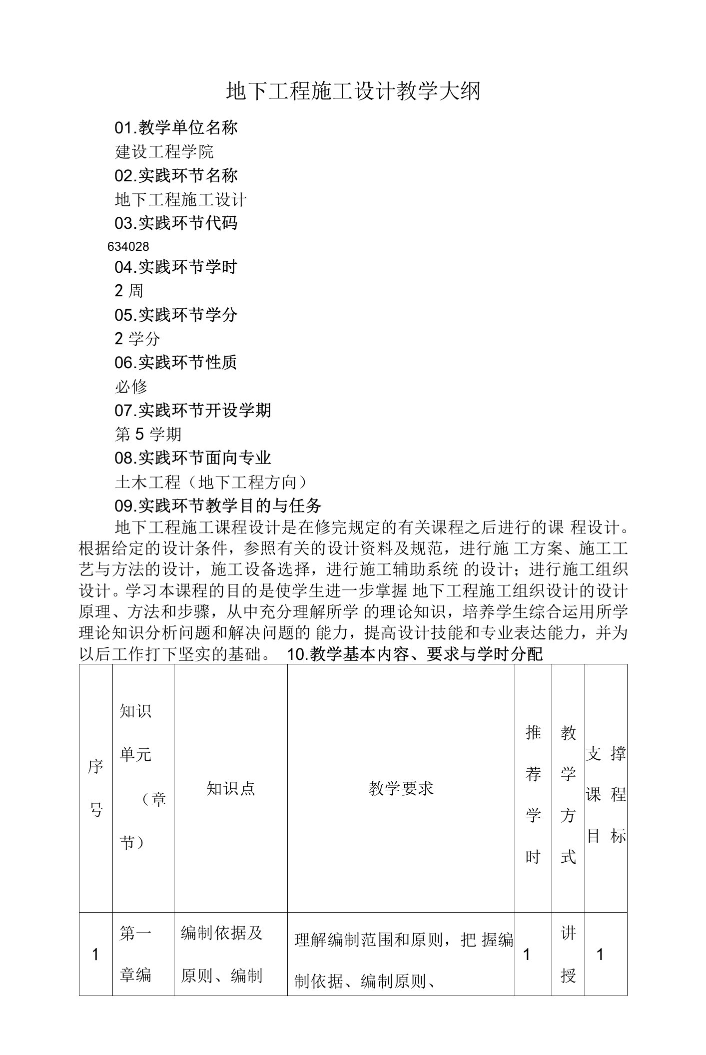 地下工程施工设计教学大纲