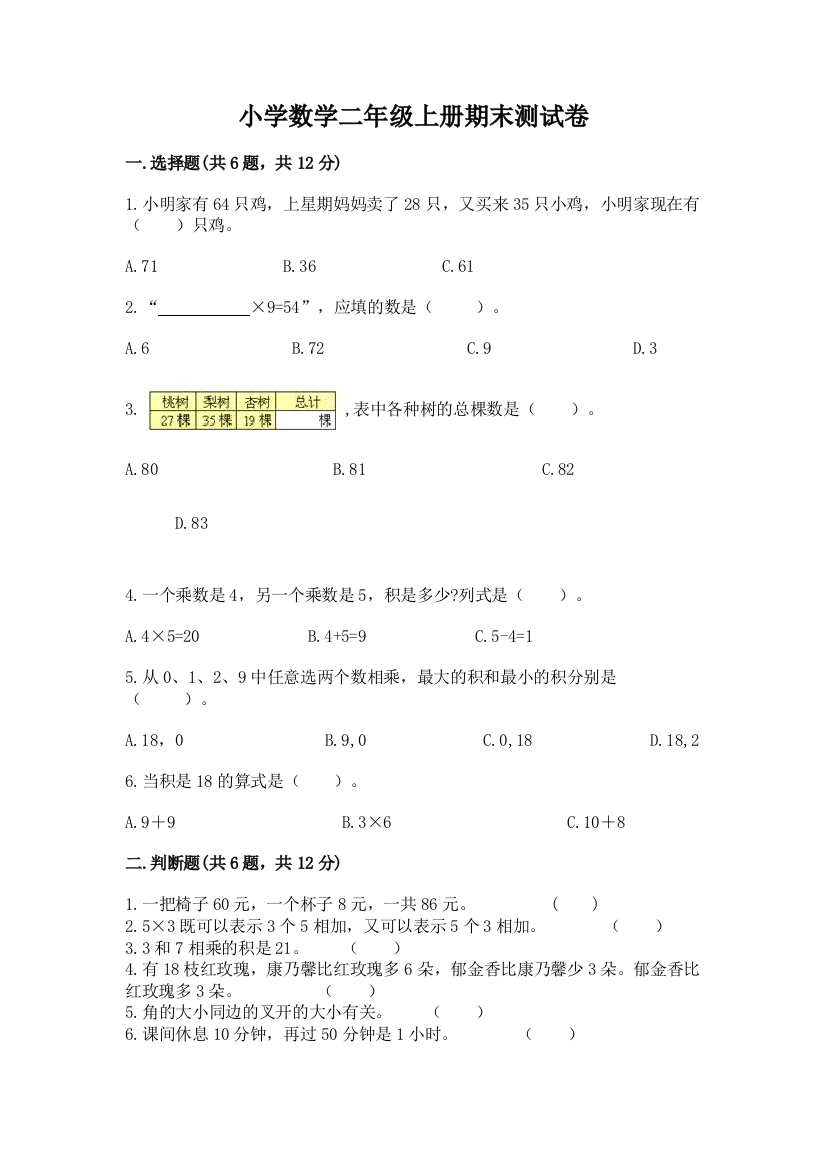 小学数学二年级上册期末测试卷带答案（b卷）