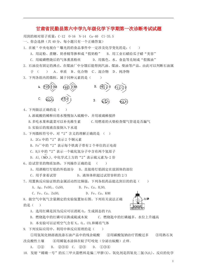 甘肃省民勤县第六中学九级化学下学期第一次诊断考试试题