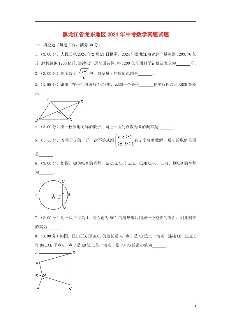 黑龙江省龙东地区2024年中考数学真题试题(含解析)