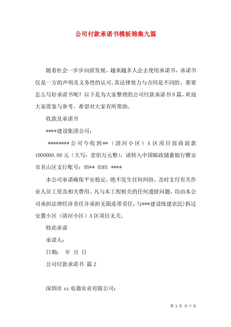 公司付款承诺书模板锦集九篇