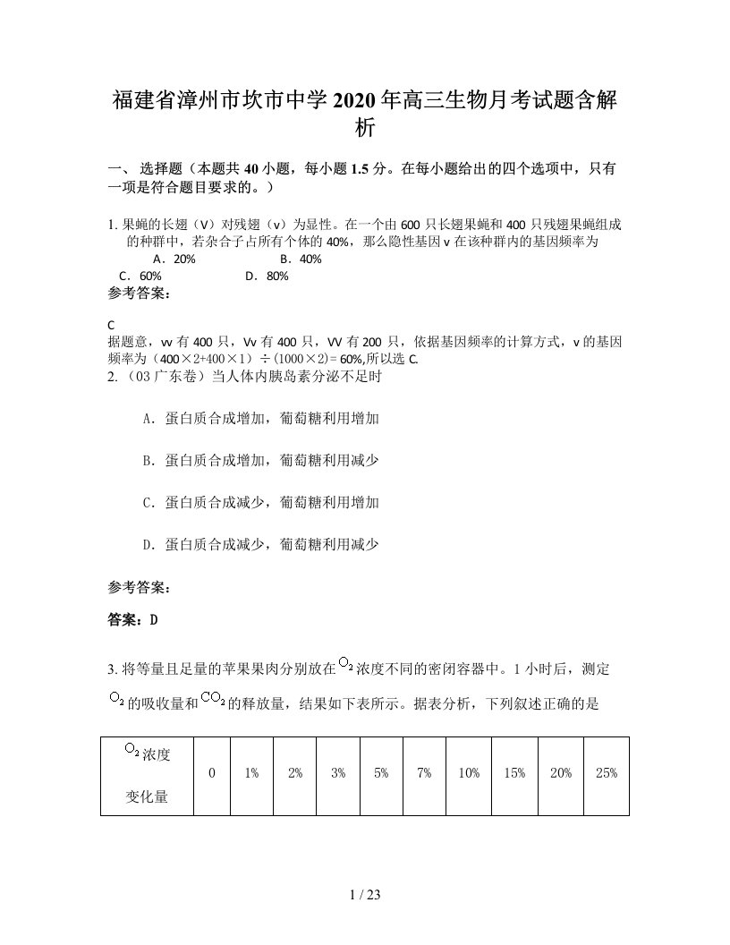 福建省漳州市坎市中学2020年高三生物月考试题含解析