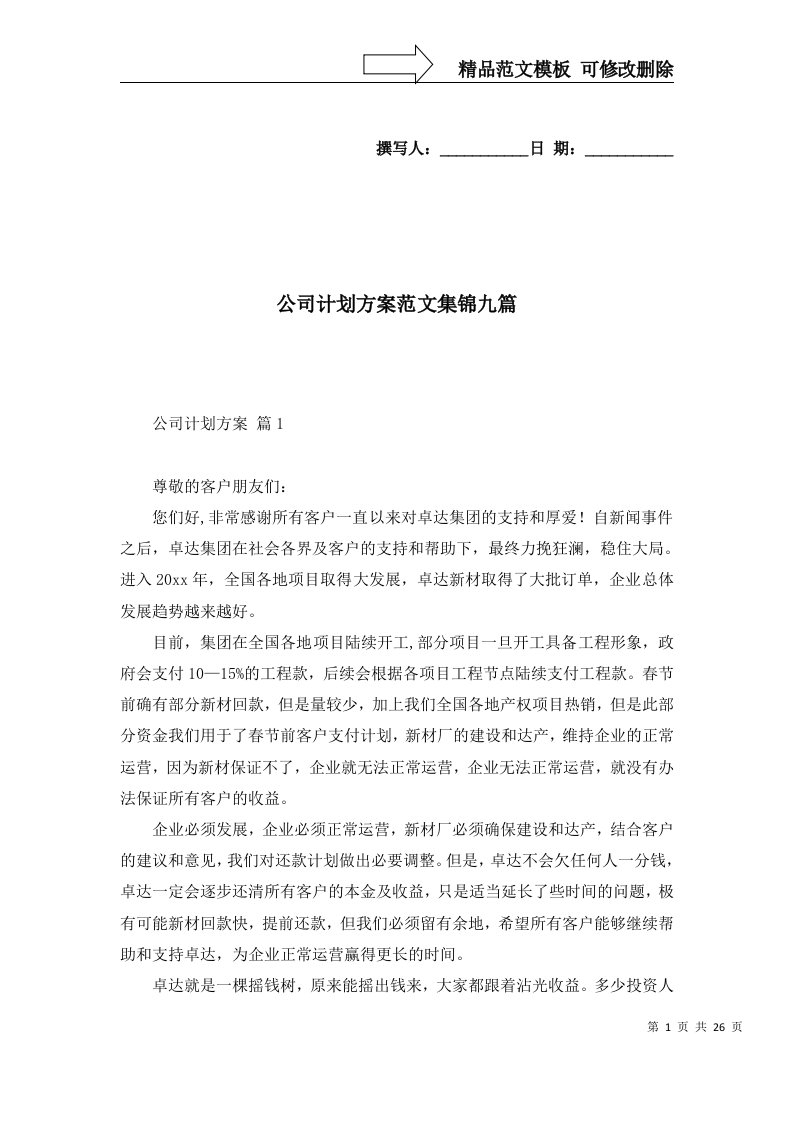 公司计划方案范文集锦九篇