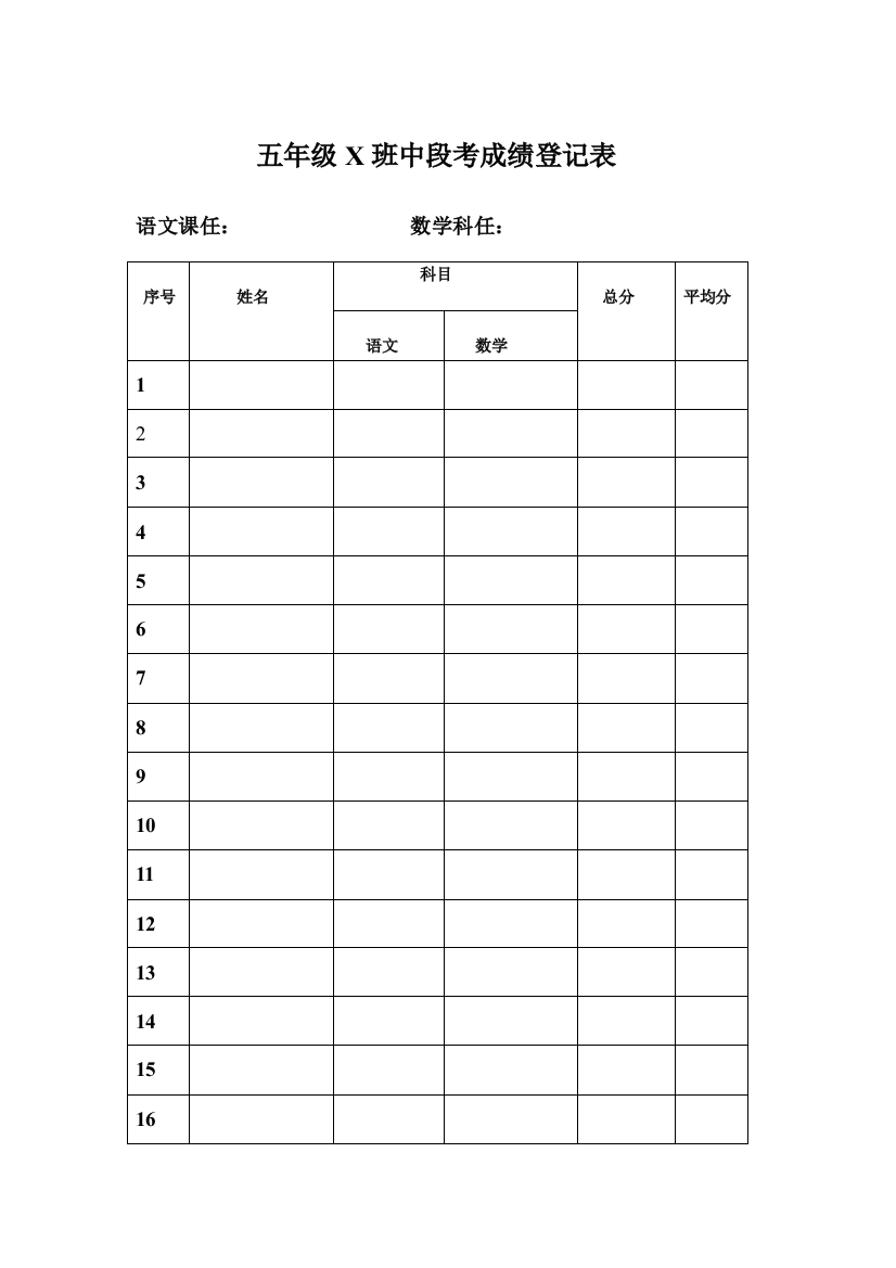 五年级X班中段考成绩登记表