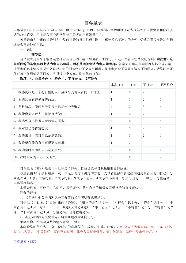 自尊量表(SES)、家庭教养方式量表(EMBU)及评分标准