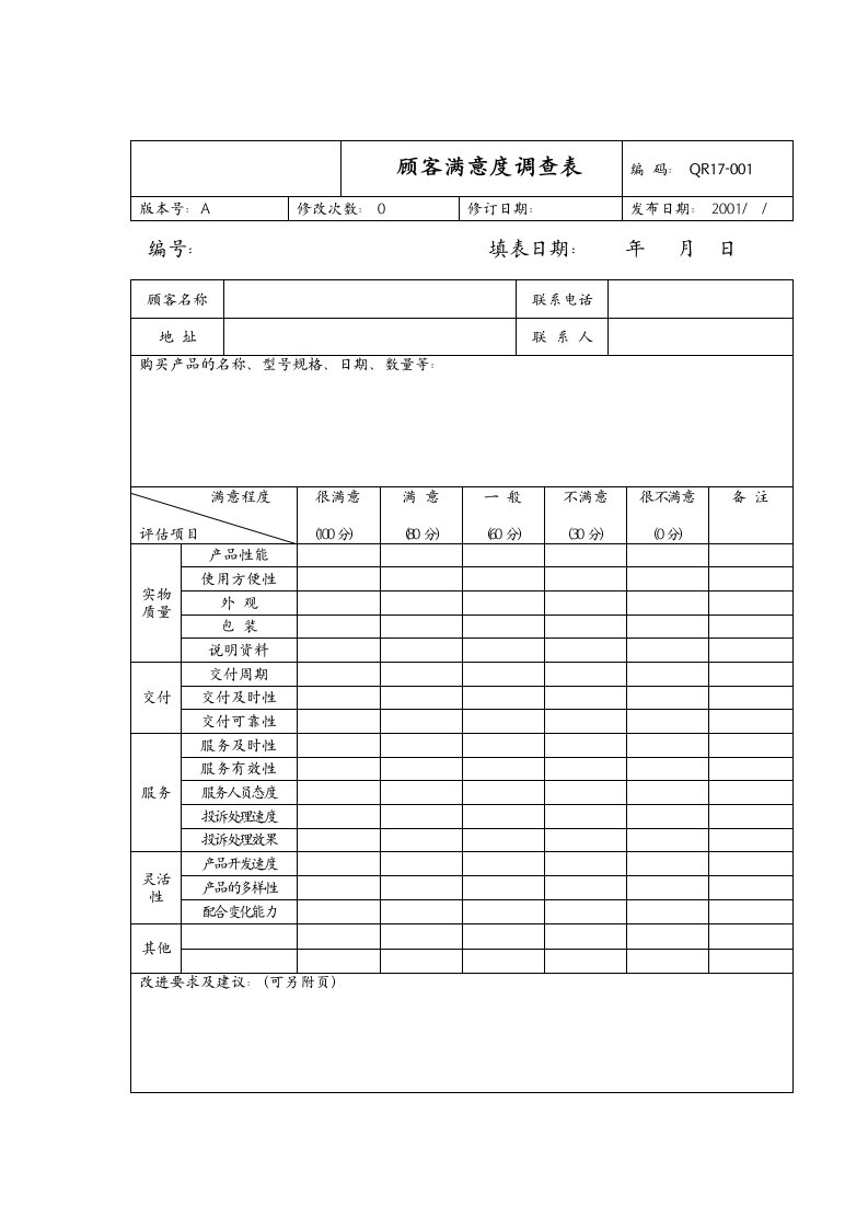 顾客产品满意度调查表