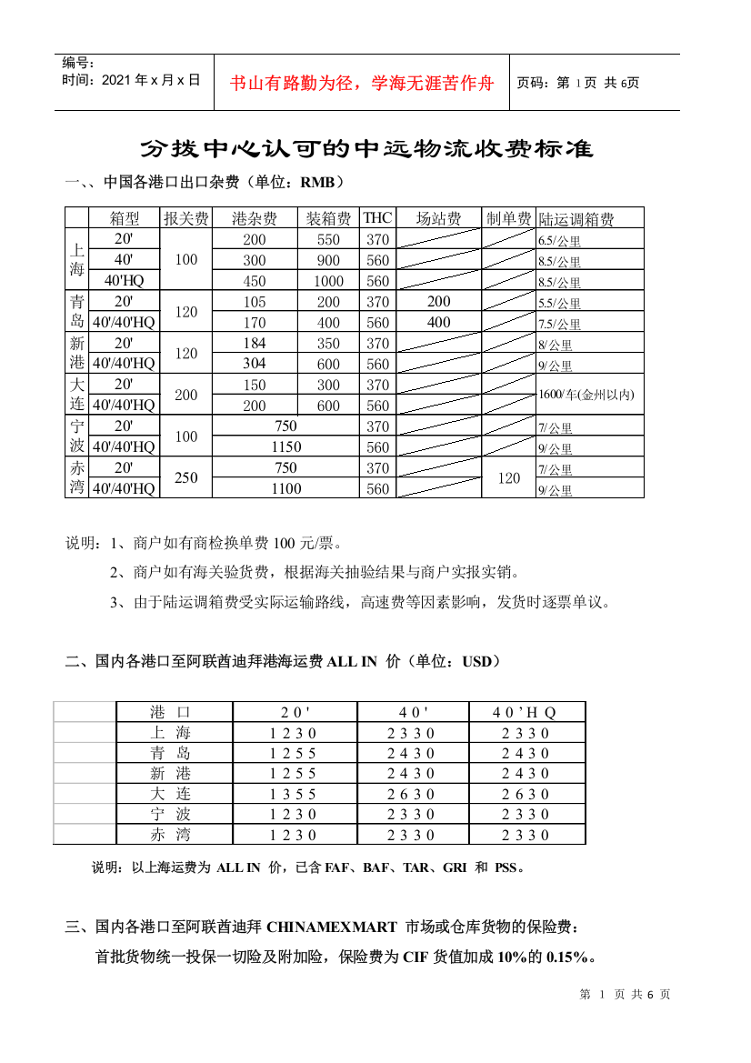 物流各环节成本推荐报价