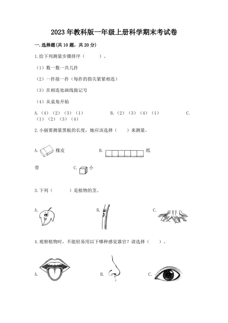 2023年教科版一年级上册科学期末考试卷（满分必刷）