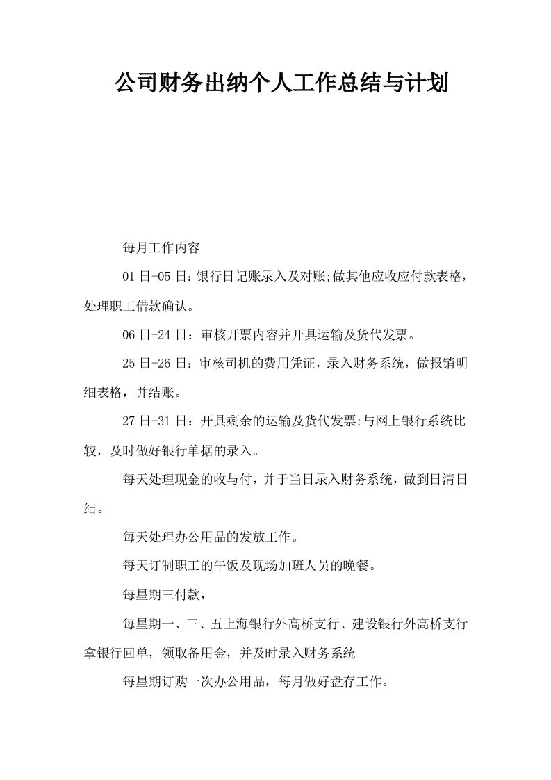 公司财务出纳个人工作总结与计划