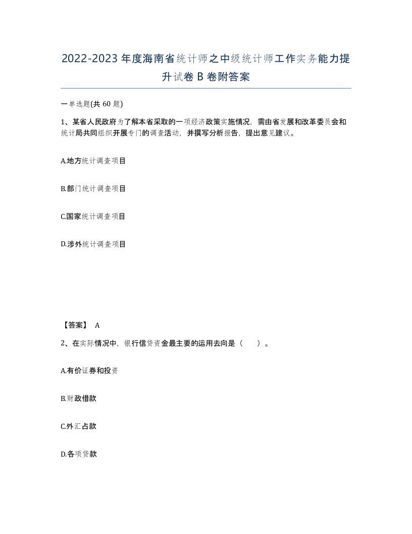 2022-2023年度海南省统计师之中级统计师工作实务能力提升试卷B卷附答案