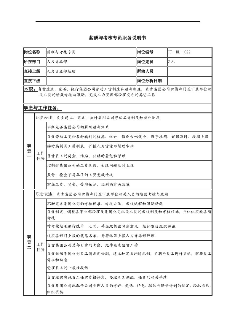 精选薪酬与考核专员岗位说明书