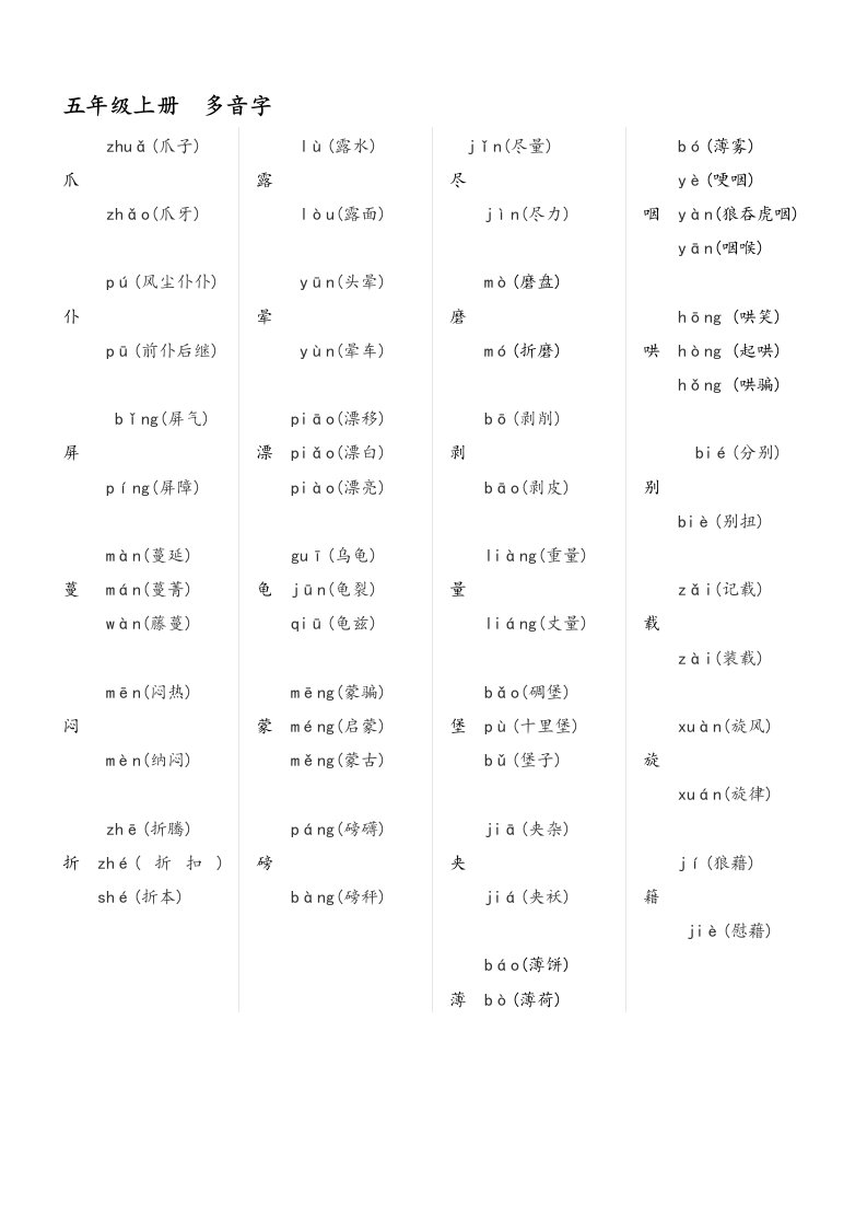 小学语文五年级多音字、易错字、难理解词语整理