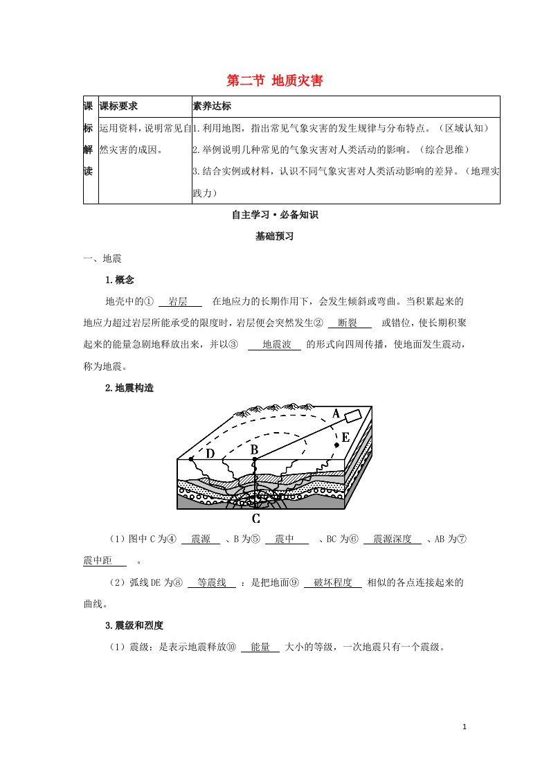 2022版新教材高中地理第六章自然灾害第二节地质灾害学案新人教版必修第一册