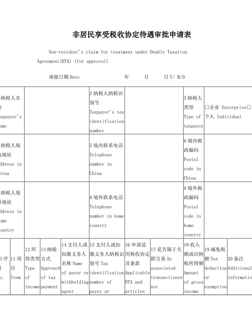 非居民享受税收协定待遇审批申请表