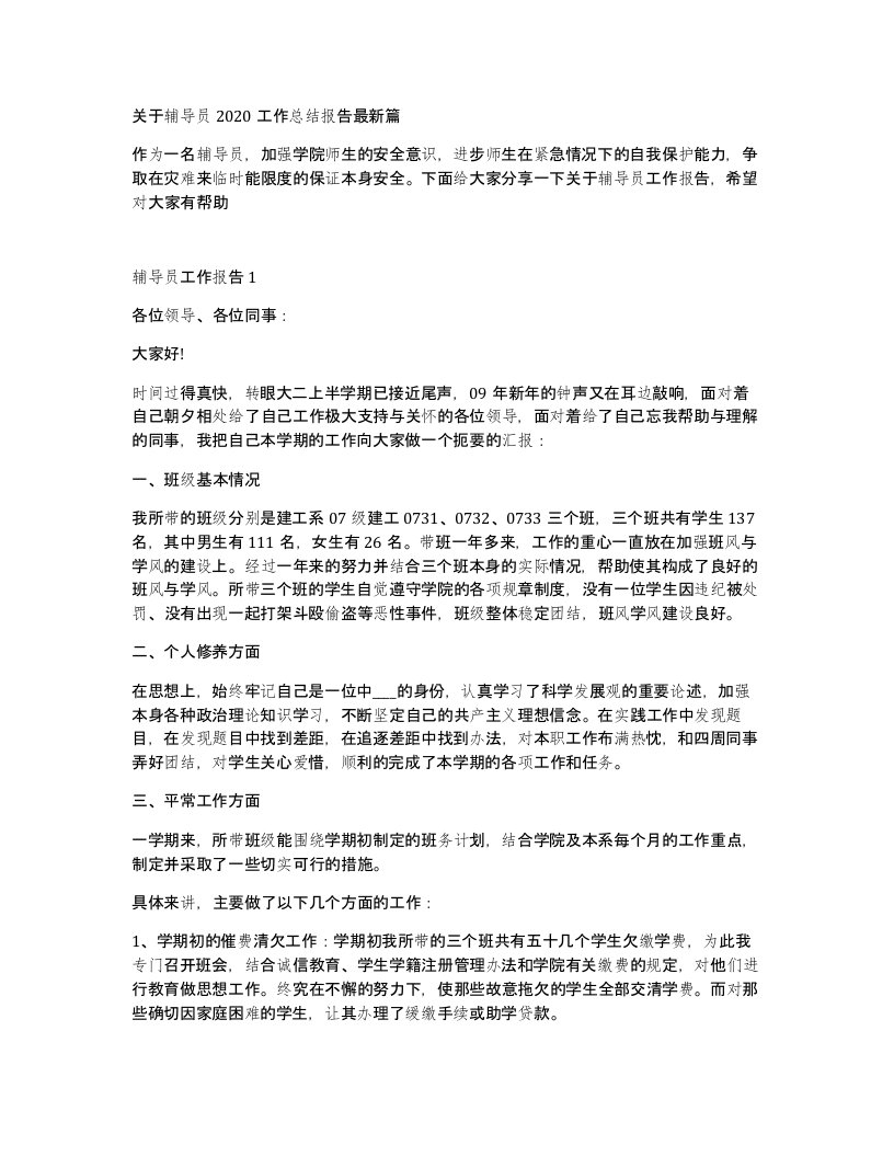 关于辅导员2020工作总结报告篇