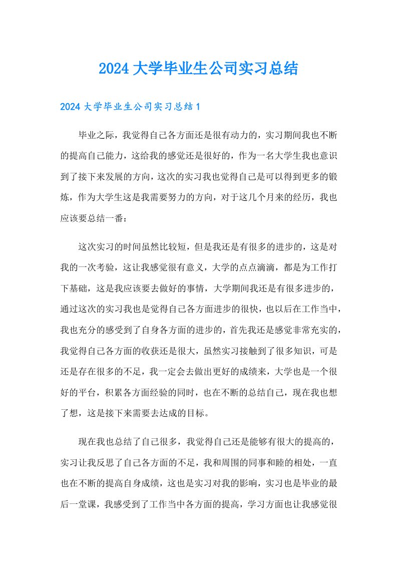 2024大学毕业生公司实习总结