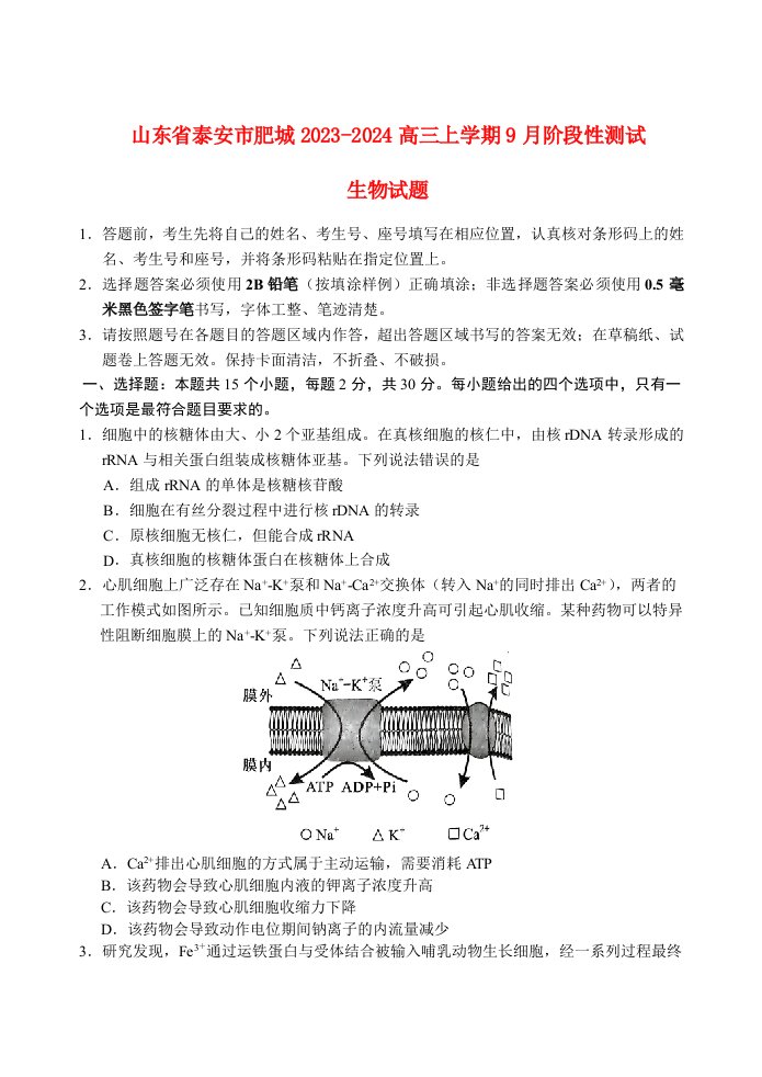 山东省泰安肥城2023_2024高三生物上学期9月阶段测试试题