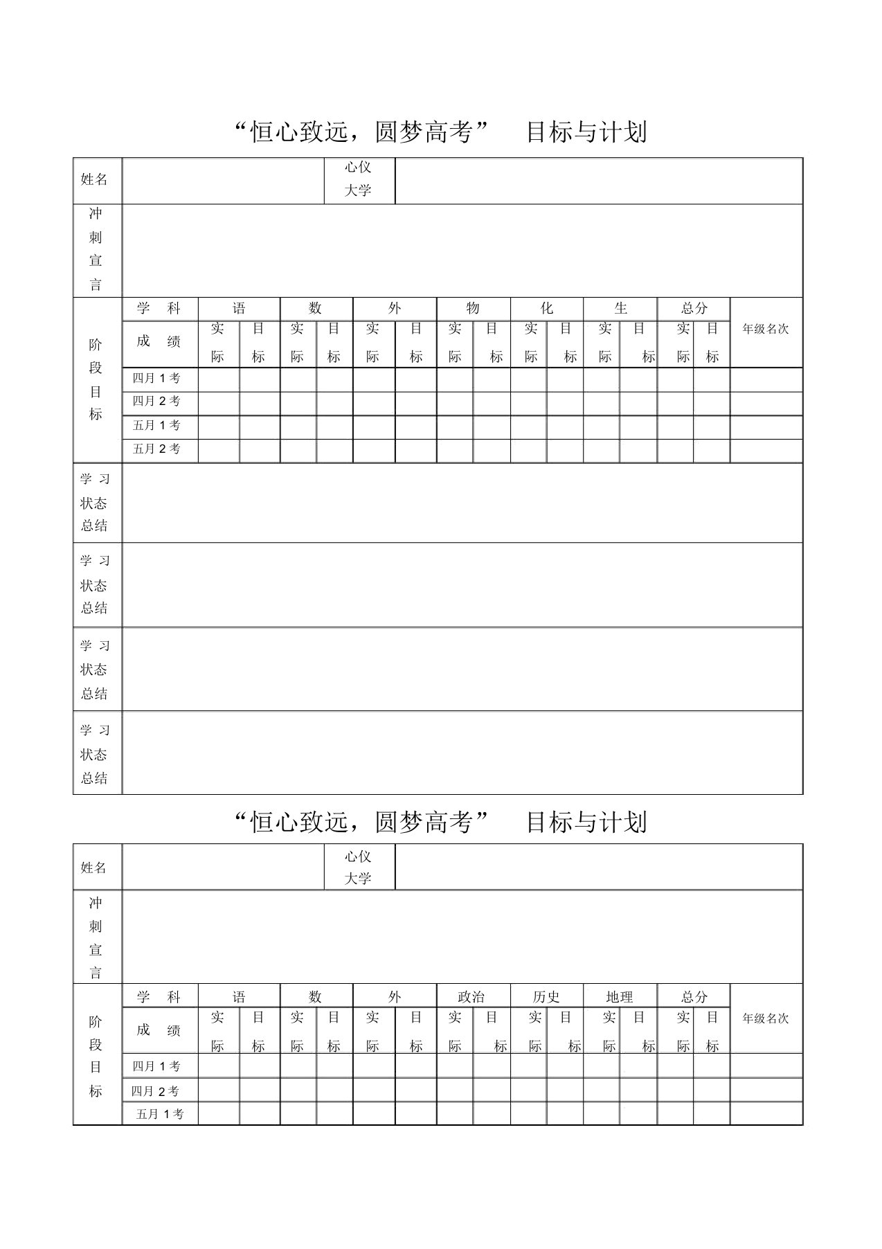 高三高考目标设计表